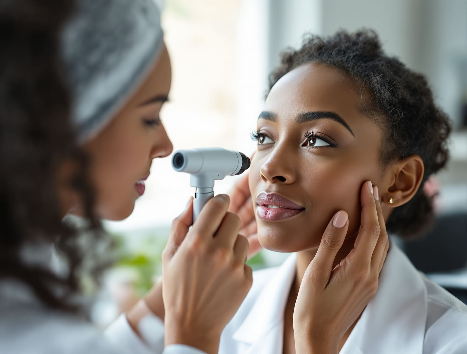 A dermatologist examining a patient's cheek with a handheld dermatoscope in a bright consultation room