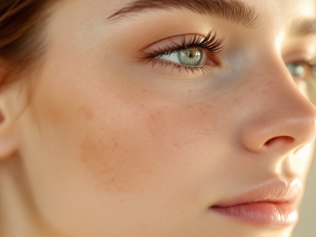Close-up of a cheek and forehead showing diffuse symmetric brownish pigmentation