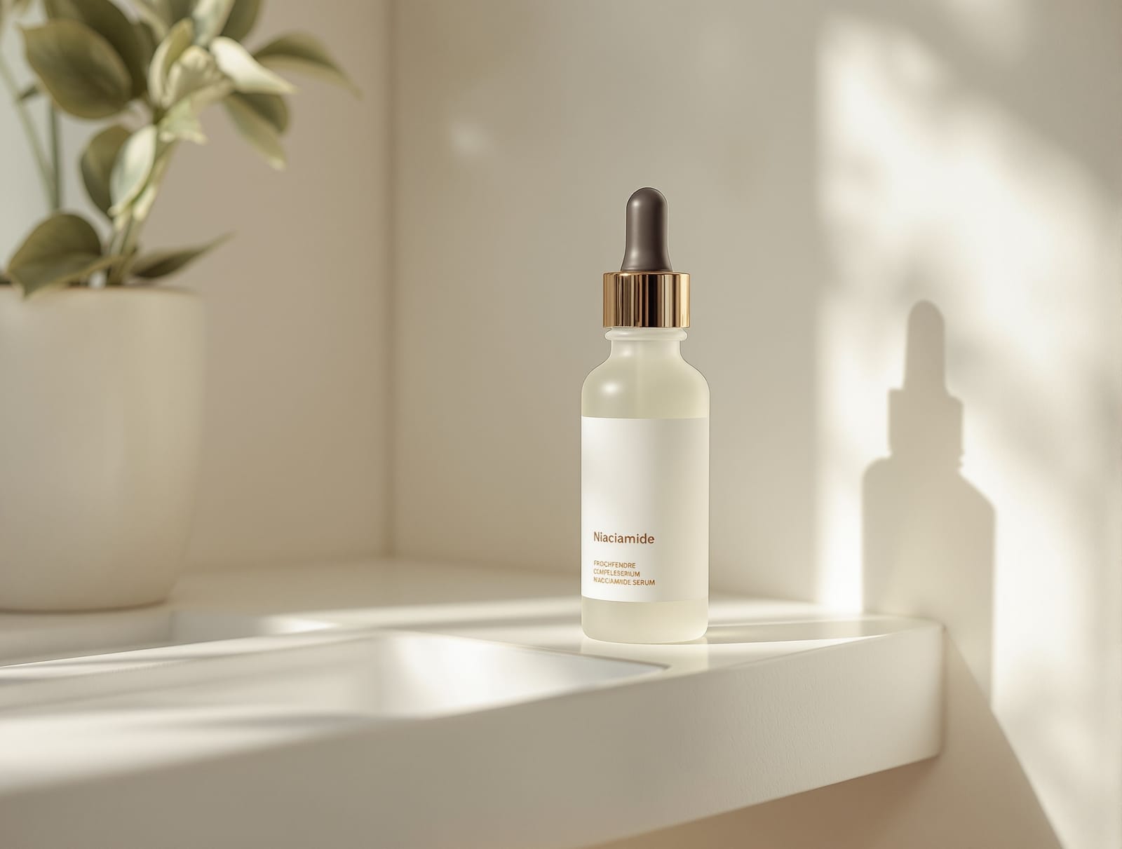 An unbranded frosted glass dropper bottle of niacinamide serum resting on a pale stone bathroom shelf in soft morning light